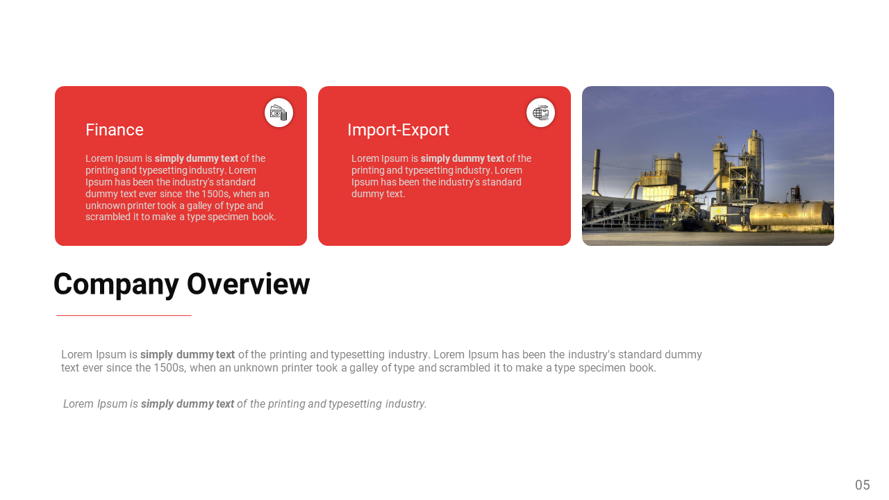 Two red boxes on the left with icons, and an industrial factory scene on the right, arranged symmetrically.