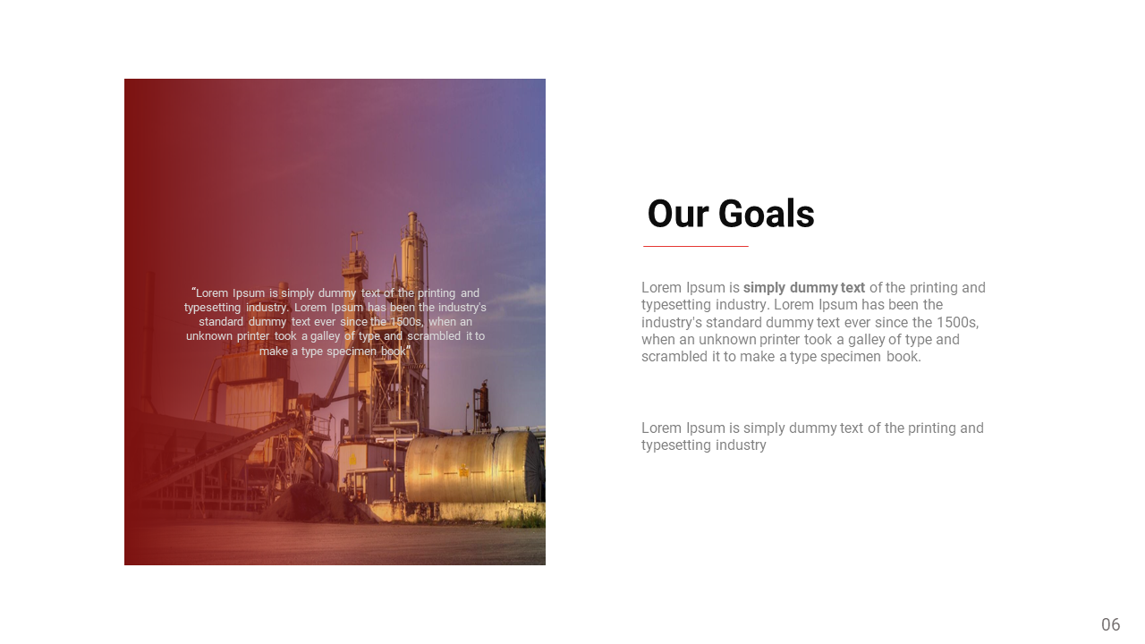Slide shows a red gradient factory background with a quote to the left and company goals on the right.