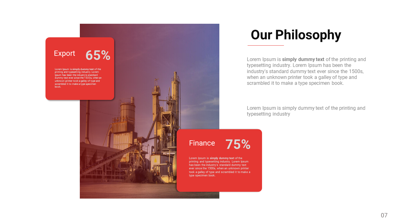 Two red statistic boxes are shown with percentages, over a factory image, set against a white backdrop.