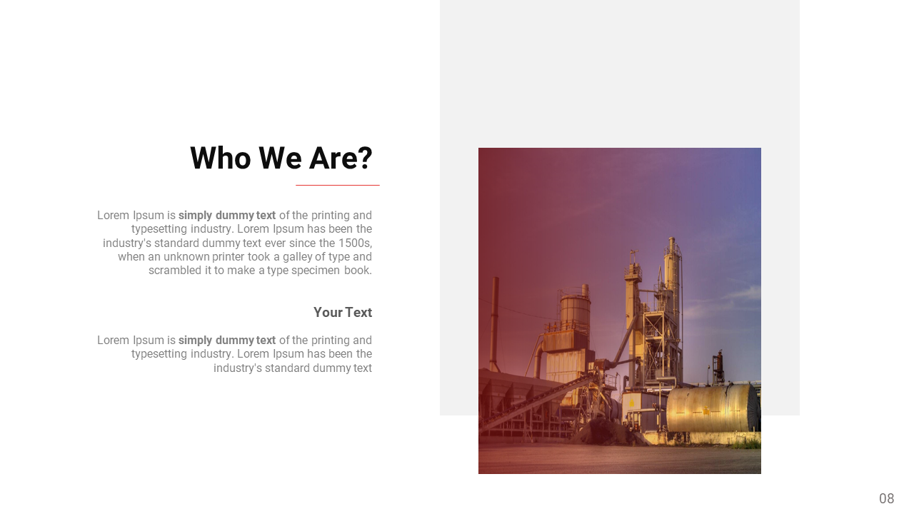 Industrial background with a text section on the left describing the company, and a factory image on the right.