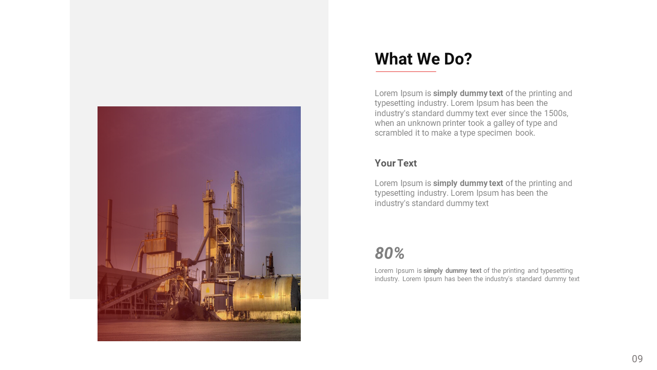 Slide with a factory image on the left and text on the right, including service description and performance statistics.