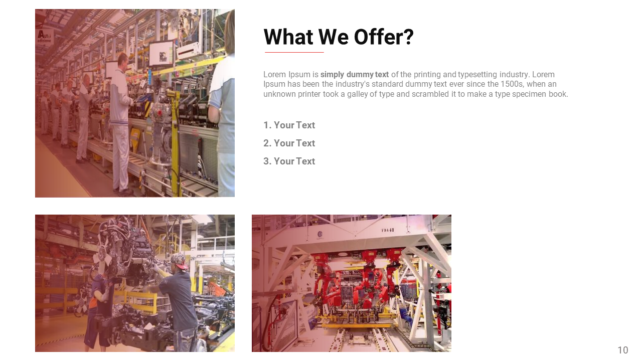 Three industrial images showcasing a production line and robotics, with bullet points for the offered services on the right.