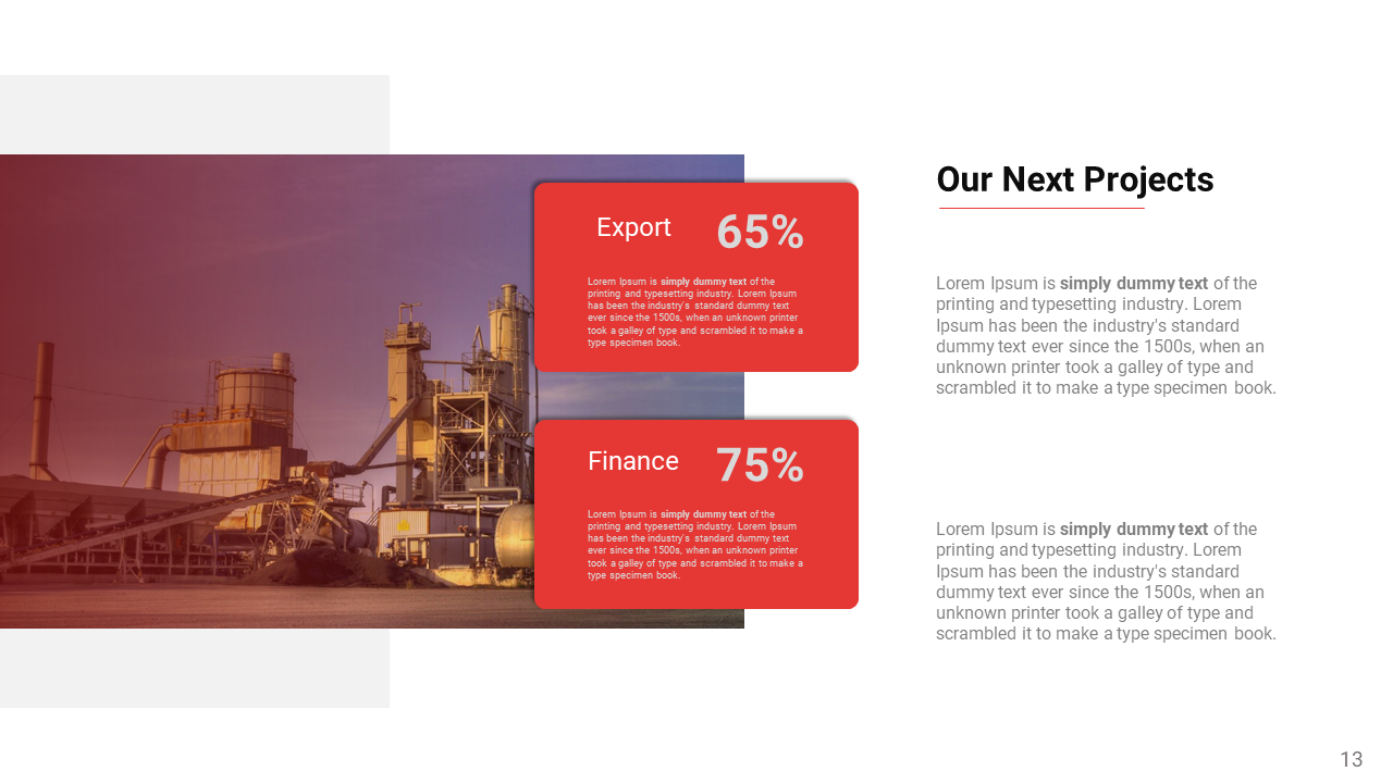 Slide with industrial backdrop, featuring two red boxes with percentages for export and finance, and text on the right.