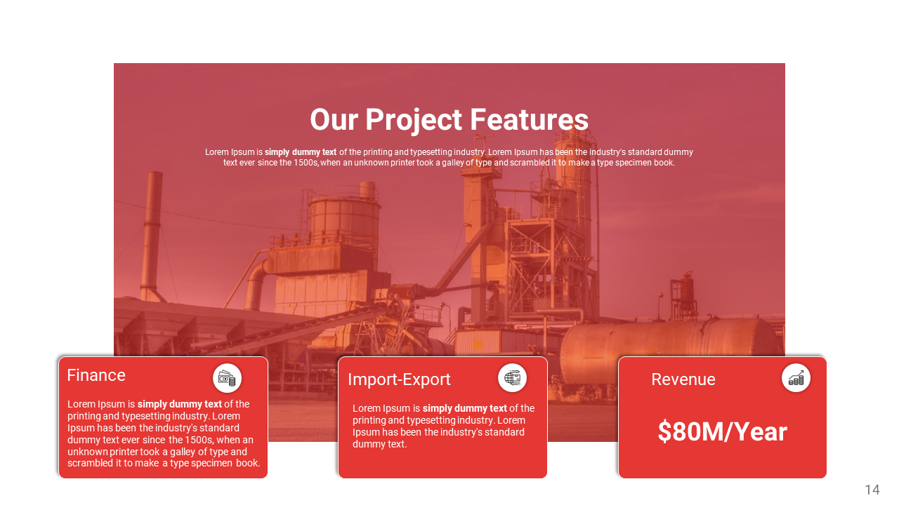 Split layout with industrial backdrop and three red feature boxes below, each containing text and icons in white.