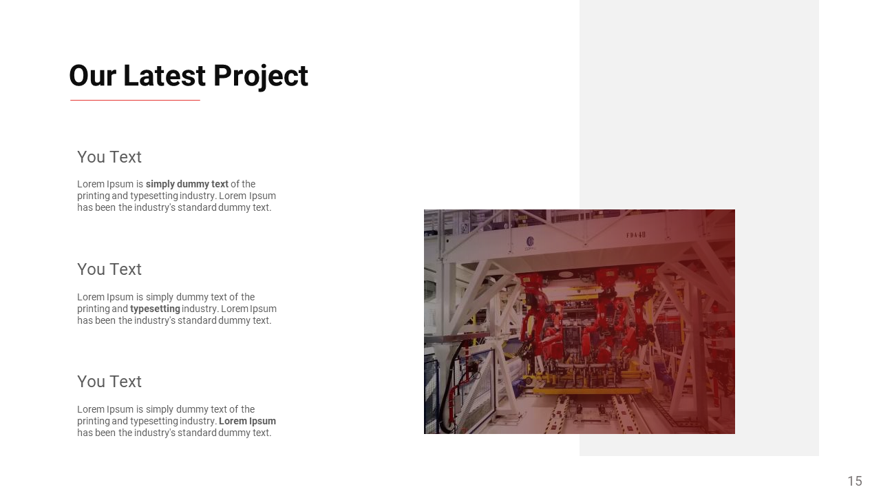 Slide with left aligned black heading, three text blocks below, and industrial photo framed on the right in red tint.