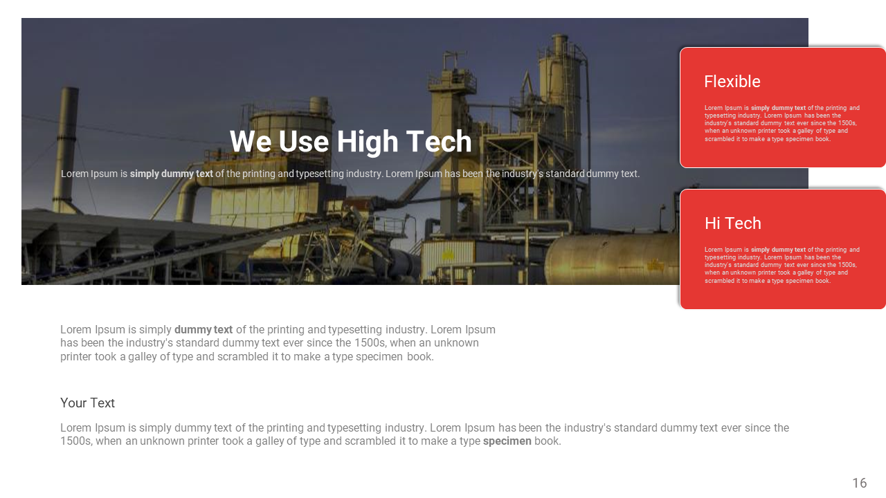Industrial factory background with two red text boxes on the right for placeholder sections.
