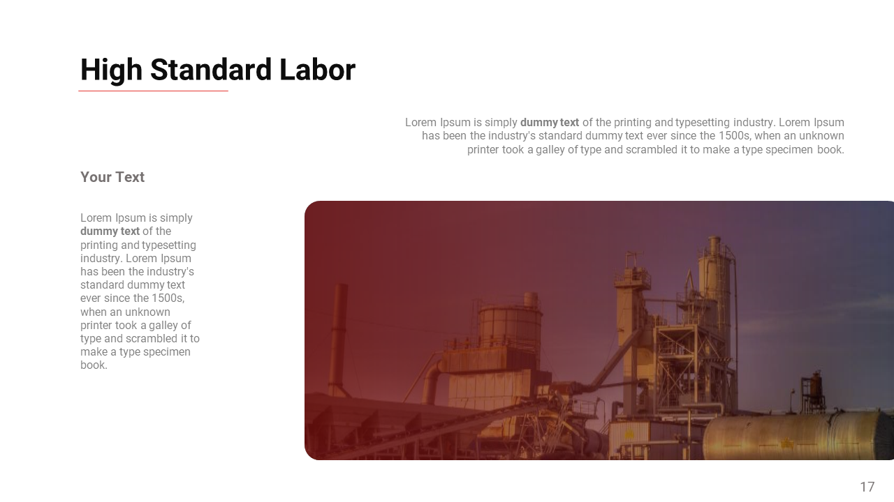 Industrial factory background with a red overlay and text area on the left side white space for a title and description.