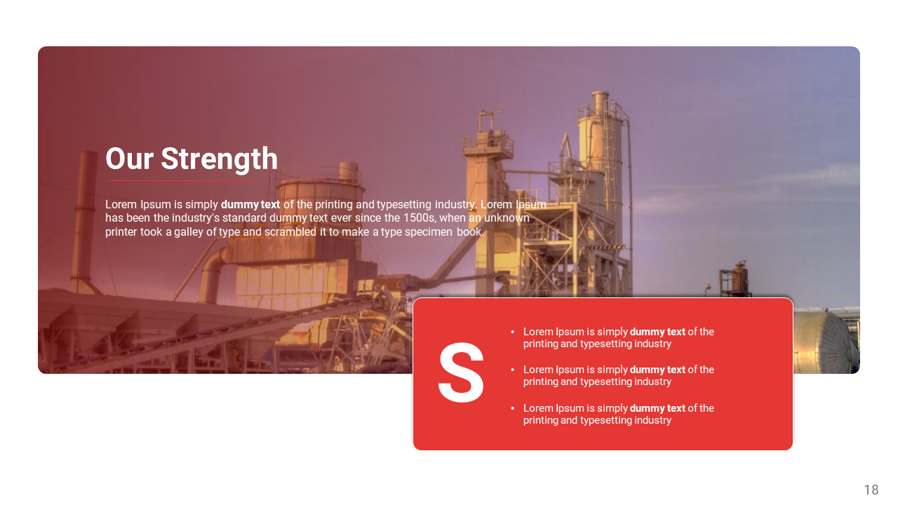 Factory background with a list of strengths in a red box on the right and a prominent title on the left.