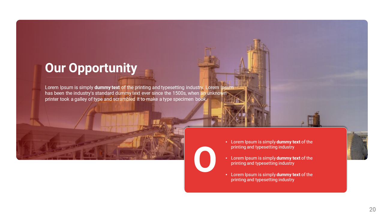 Factory background with a transparent red box on the right containing opportunity points and a title on the left.