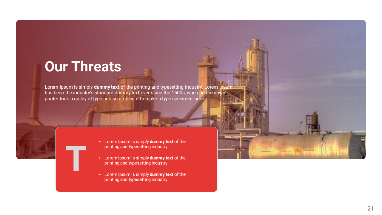 Industrial factory background with a red overlay and a threat section containing bullet points on the left.