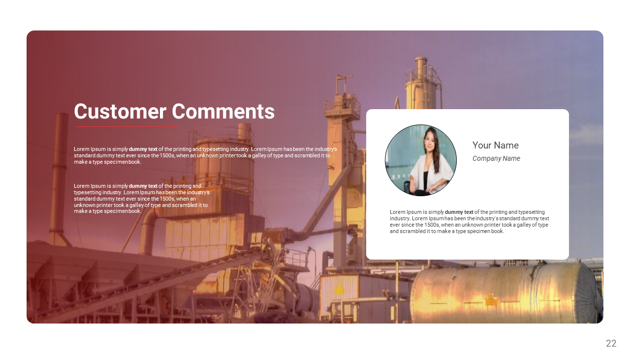 Slide showcasing customer comments, featuring a red tinted factory image and a circular profile image in a white box.