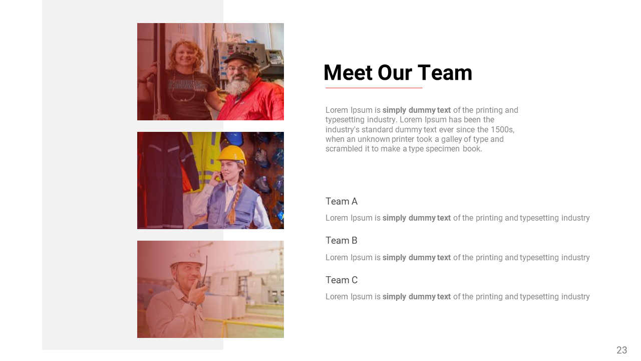 Team layout with portraits of three workers in different work environments, each with a role description underneath.