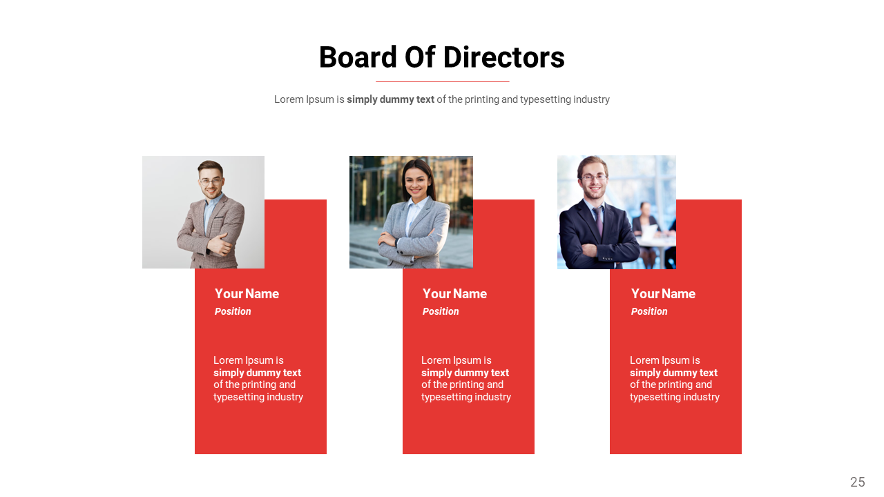 Three headshots of professionals with their names and positions displayed in red vertical box, on a white background.