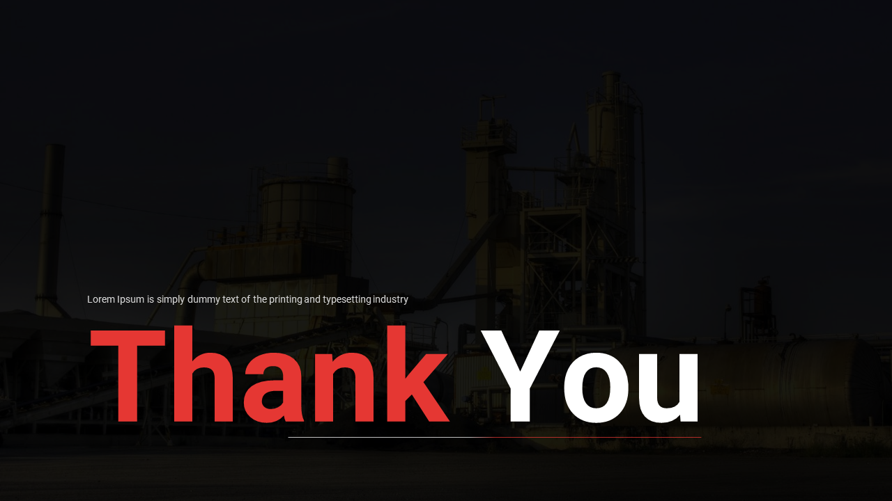 Red and white thank you text over a dark industrial background with a blurred factory setting.