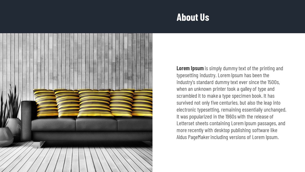 Stylish black sofa with striped yellow cushions, placed against a wooden slatted wall, with potted plants beside it.