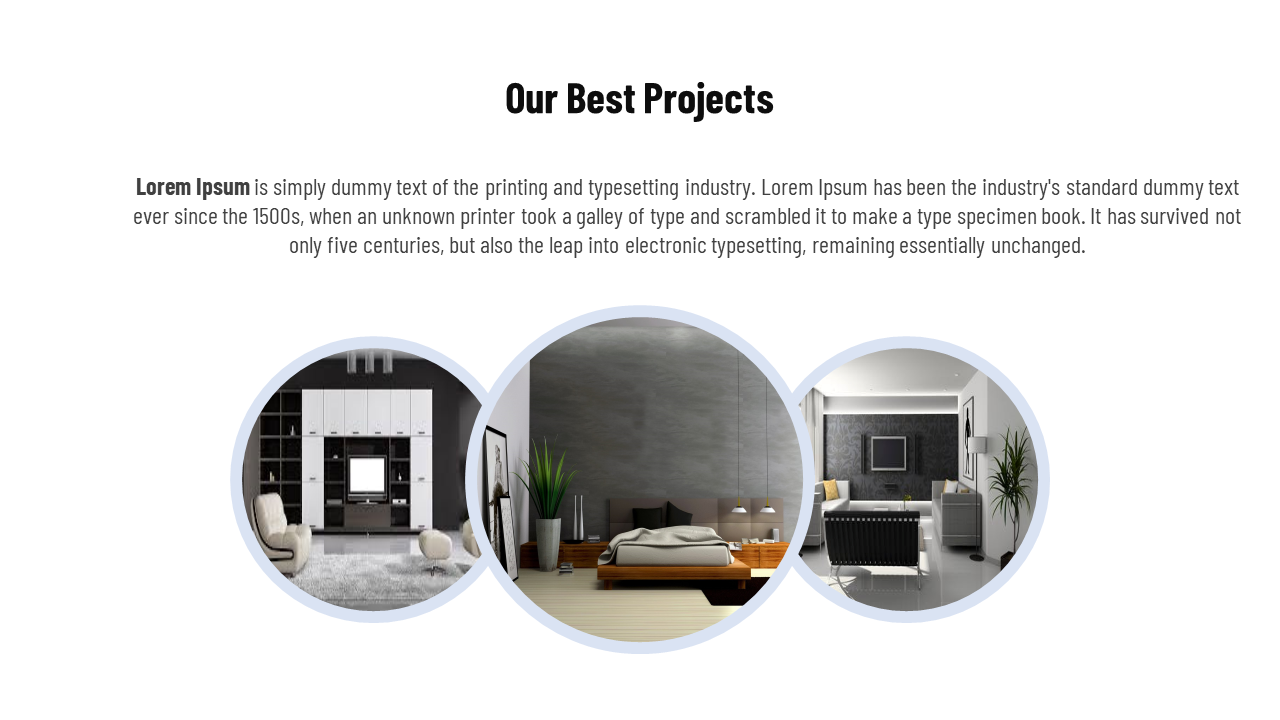 Three circular images showcasing modern living room, bedroom, and office designs with a minimalistic style.
