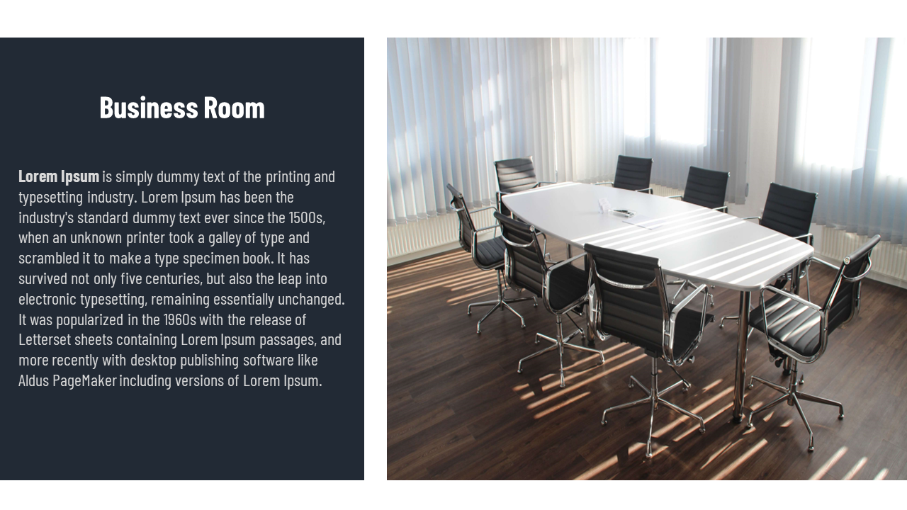 Business meeting room with a white table and black chairs, lit by sunlight through large window blinds, and navy text box.