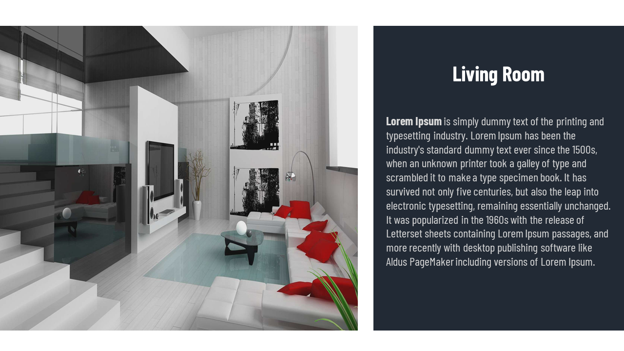Modern living room with a glass walled pool, white furniture, red cushions, and navy text box on the right.