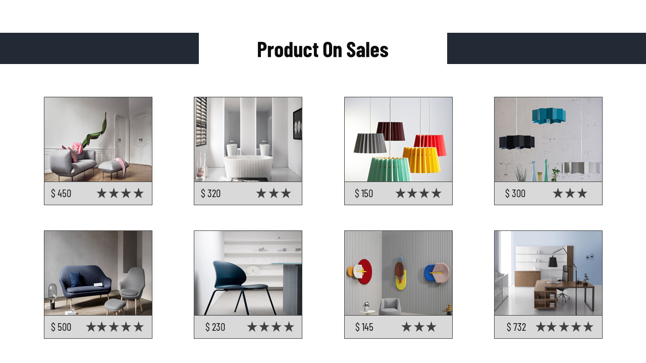 Grid of eight product images with prices, star ratings, and sales titles for various home furnishings.