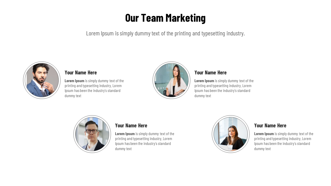 Team marketing slide with four circular portraits, each with a name and description, on a white background.