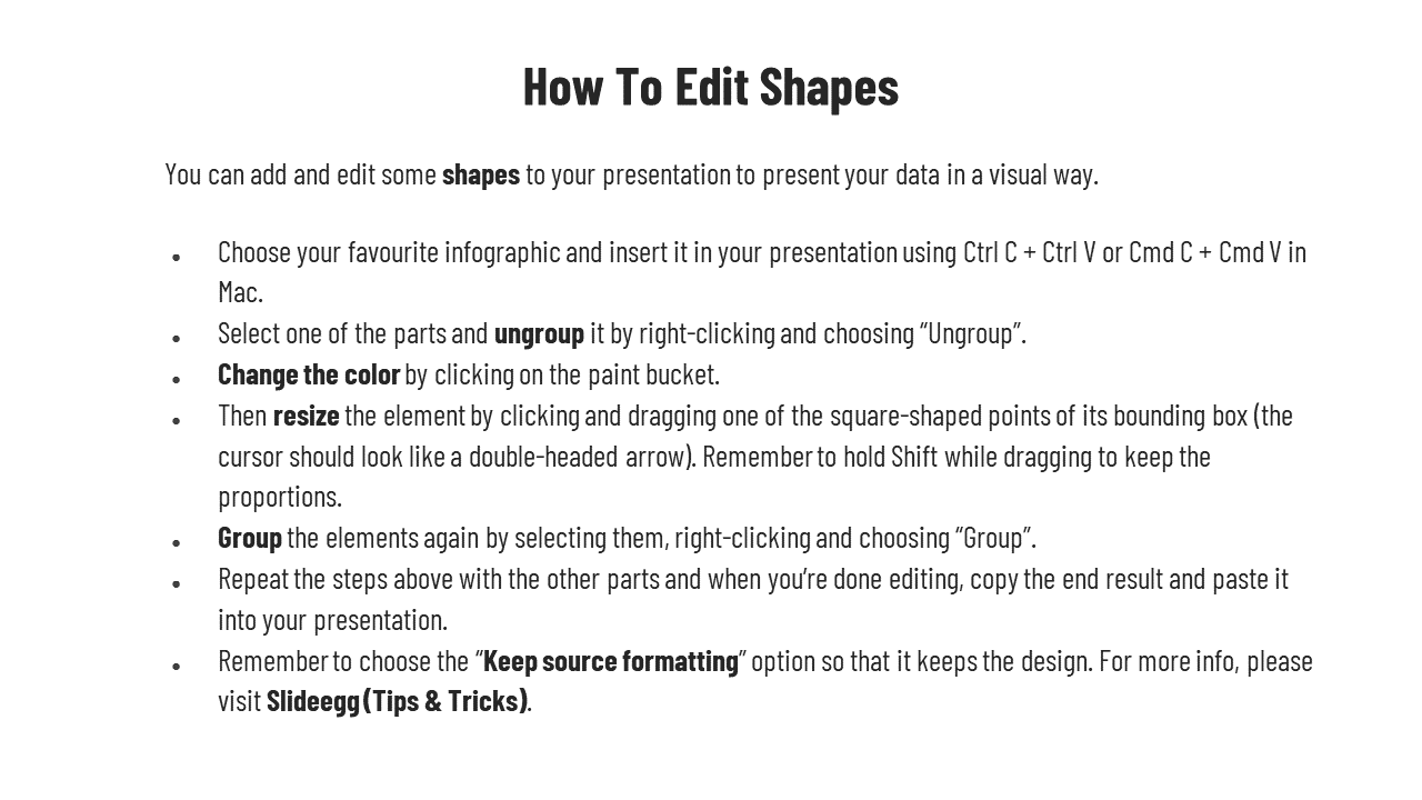 Instructions on editing shapes in PowerPoint, with a clean layout and bullet steps for customization in a minimalistic style.