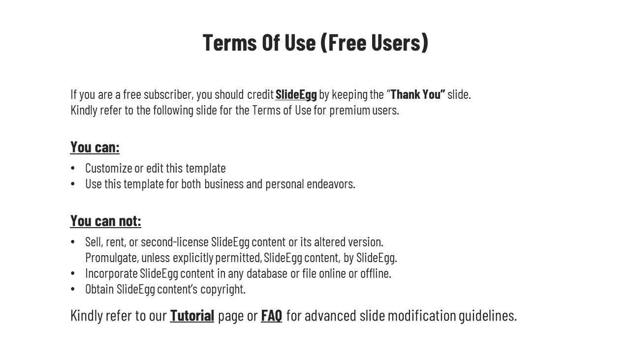 Terms of use for free users of SlideEgg, with rules on crediting the creator and limitations on use and redistribution.