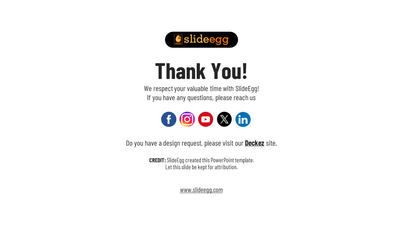 Professional thank you slide with a SlideEgg logo, social media links, and a website URL for design requests and credits.