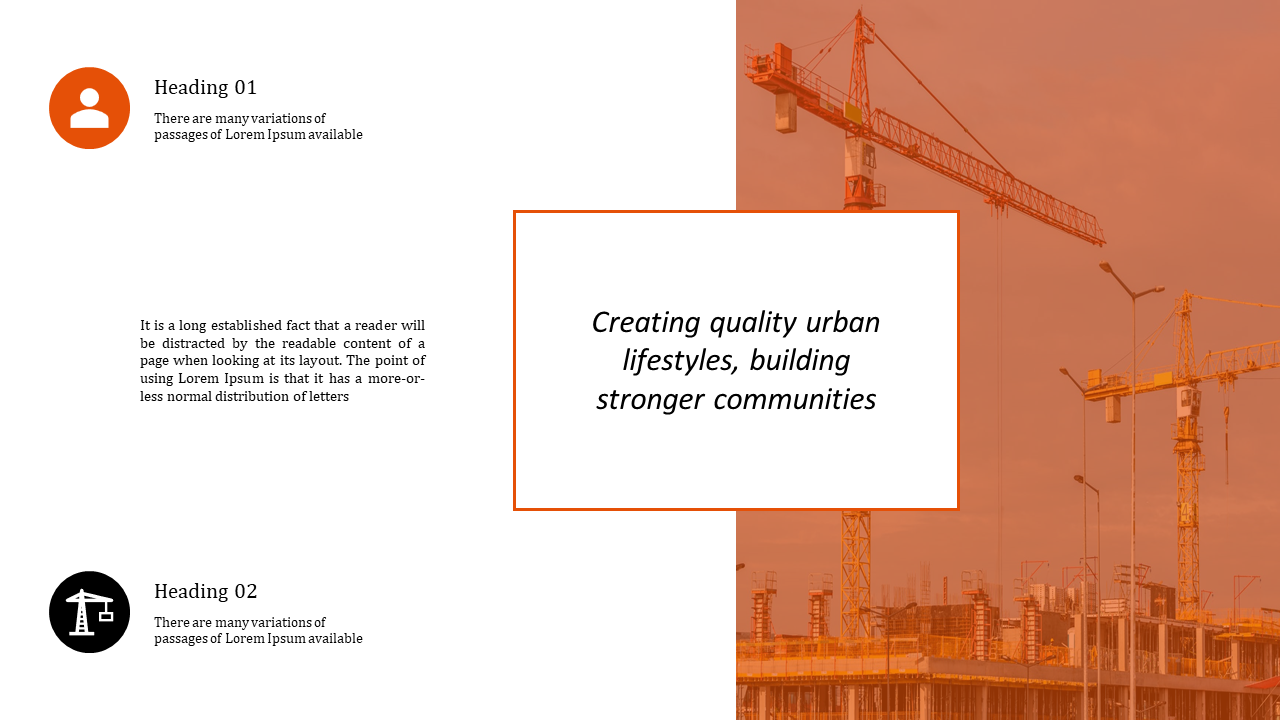 Split layout with left white section featuring two text blocks and an orange tinted construction site photo with a text box.