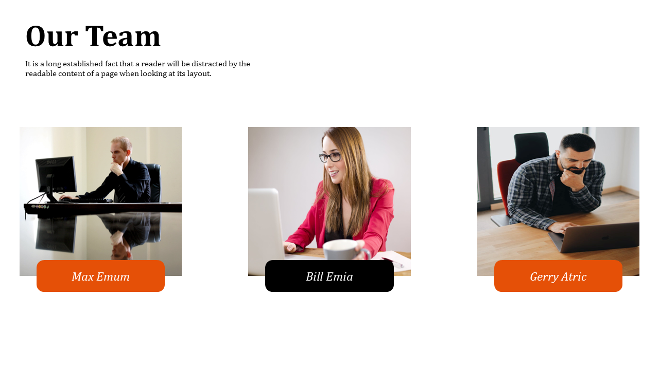 Three profile team layout with square portraits above rounded name tags in orange, and black, on a white background.
