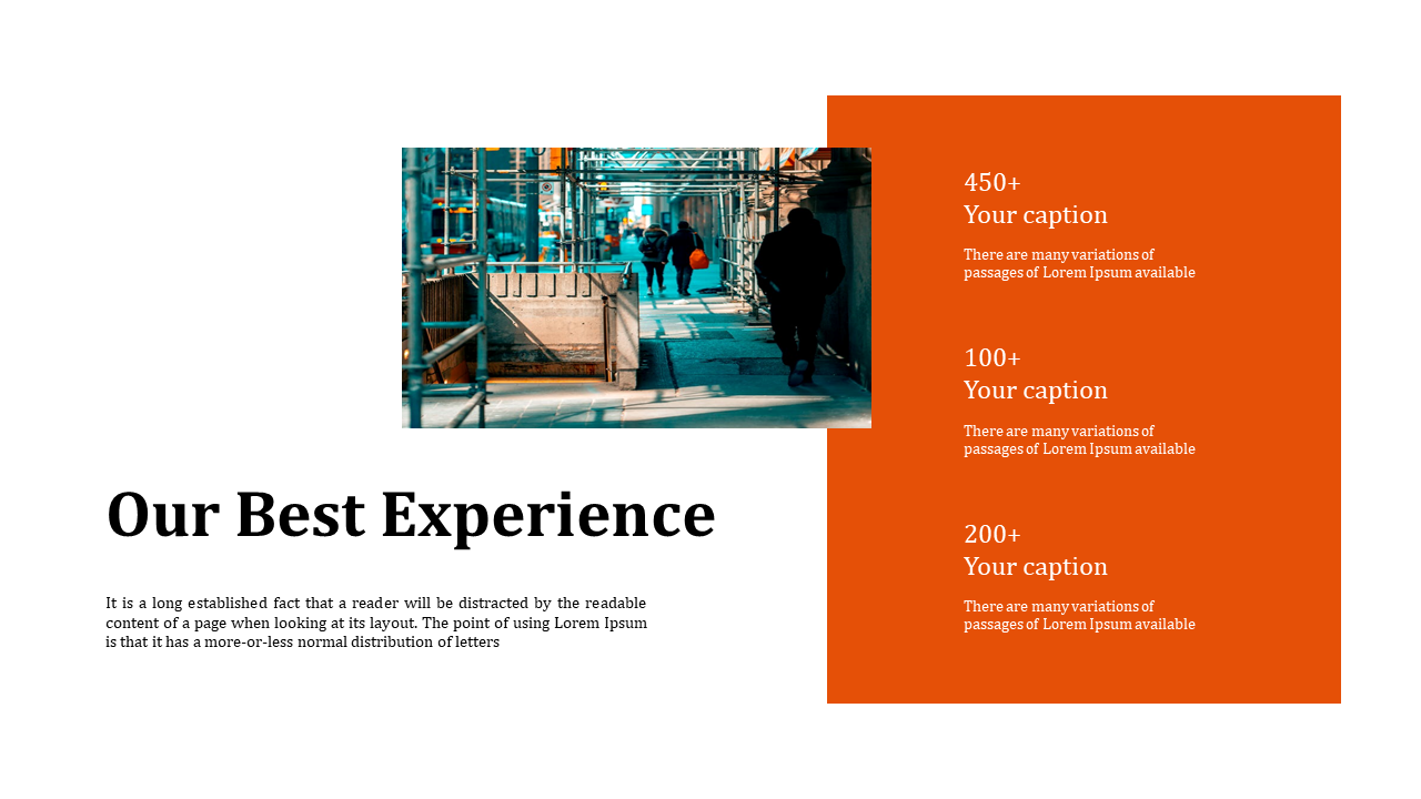Experience slide featuring a central image of a scaffold walkway, and right aligned orange stat boxes.
