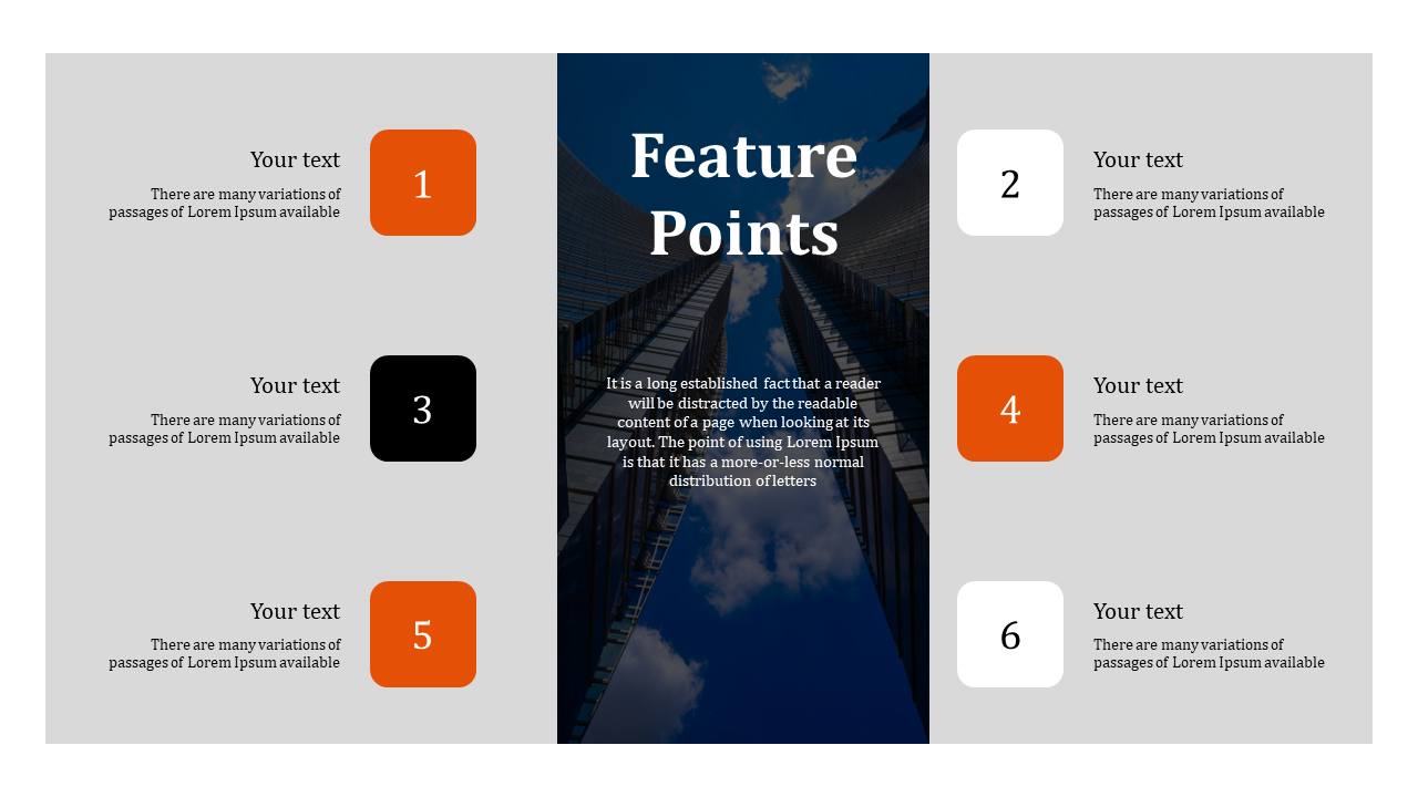 Central vertical skyscraper image with six numbered text blocks on gray background, alternating orange, black, and white.