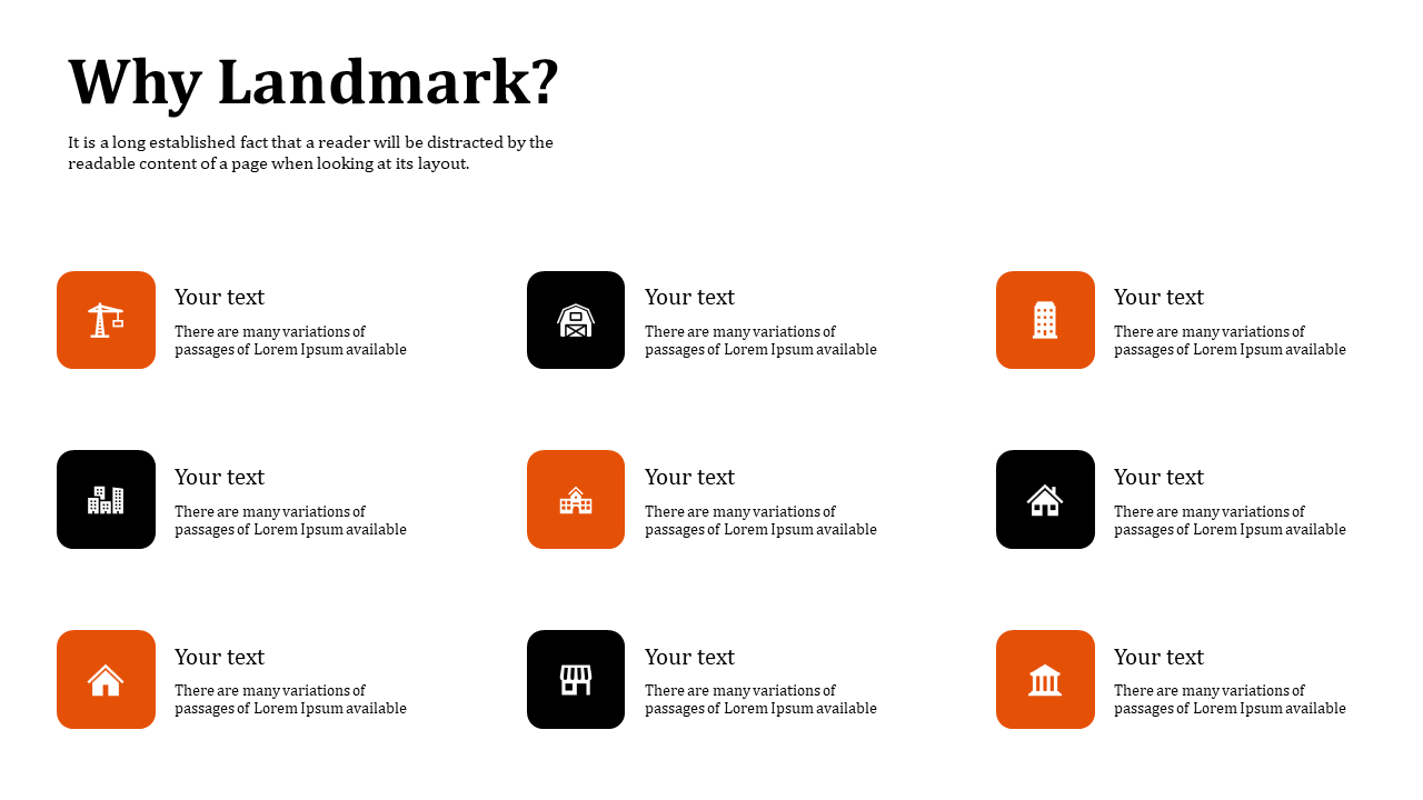 Slide with nine alternating black and orange square icons and short text blocks arranged in three rows.