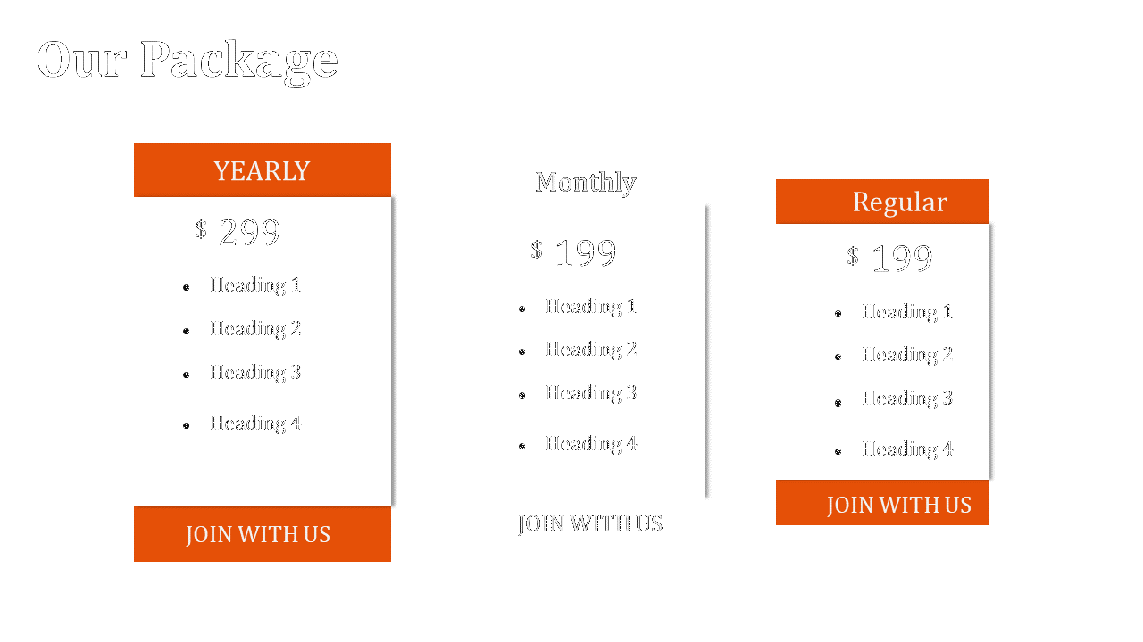 Three package columns with orange and black headers, featuring bullet points and join button, on a white background.