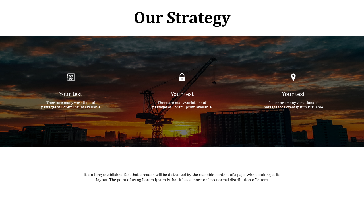 Three icons with text over a sunset construction site background, white header on top, and footer text below.