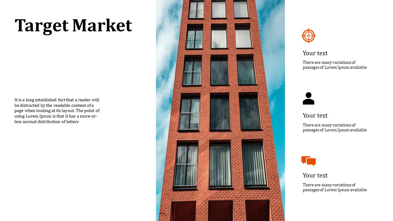 Tall red brick building photo at the center and three icons with captions on the right, set against a white background.