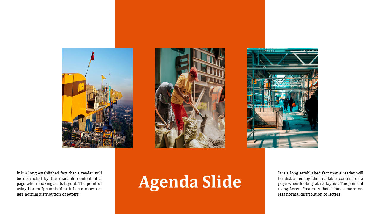 Three vertical construction photos in a row with orange center column and agenda title with white text blocks on both sides.