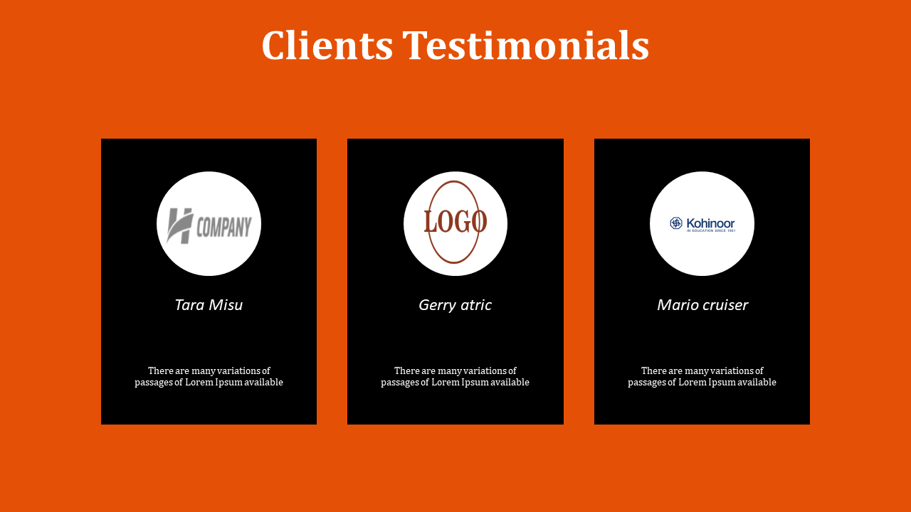 Bold orange background with three centered black boxes, each featuring a round logo, client name, and testimonial text.