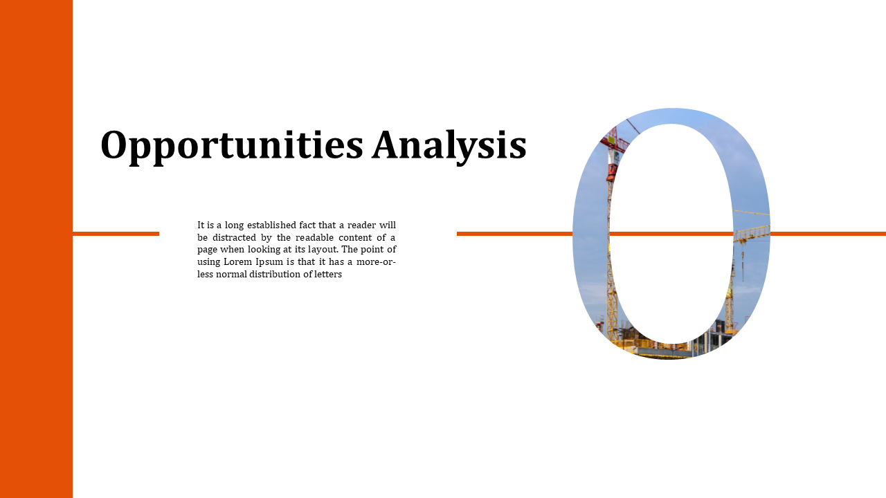 White background with orange vertical edge, text, and a crane photo inside an oversized O on the right.