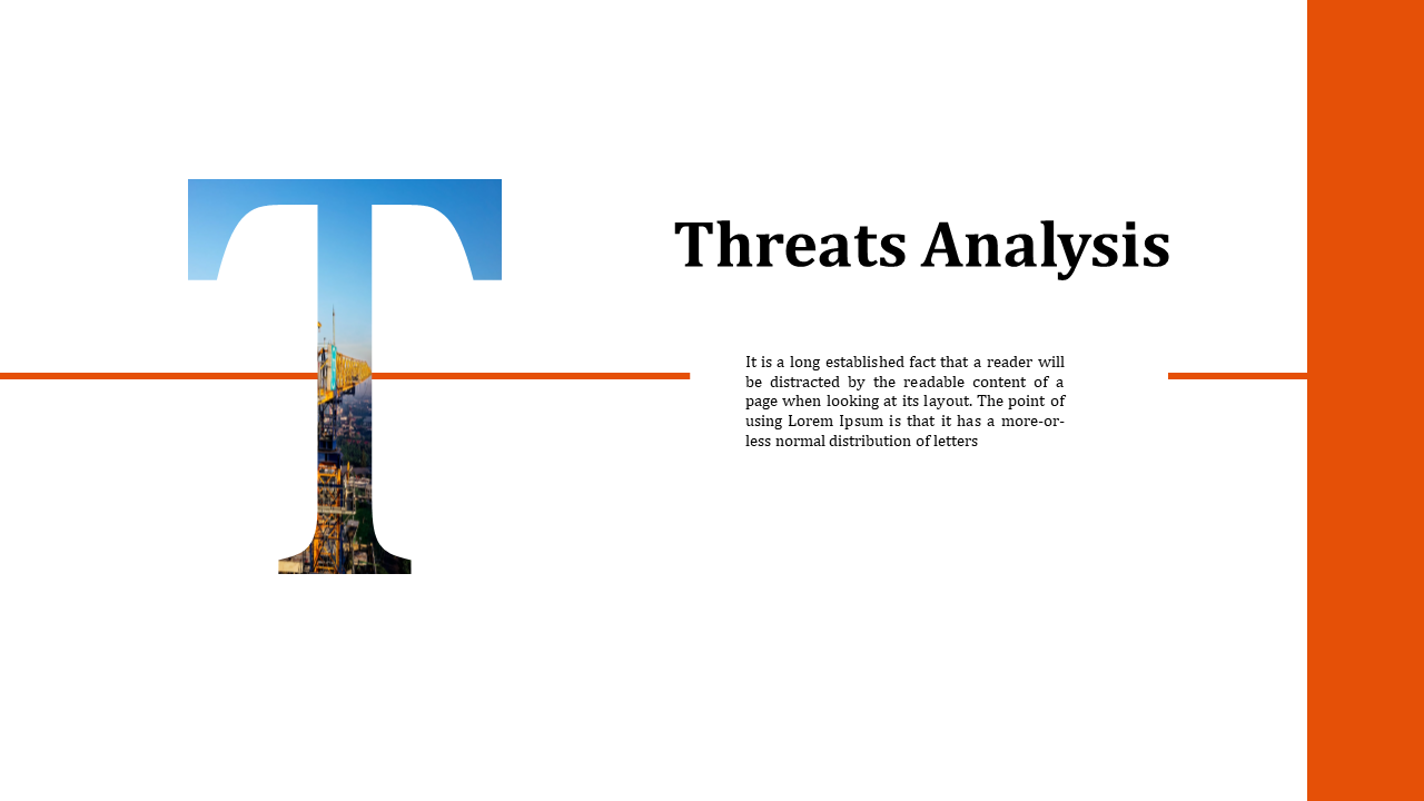 Stylized letter T with city photo inside, bold threats analysis text, on a white backdrop and an orange sidebar.