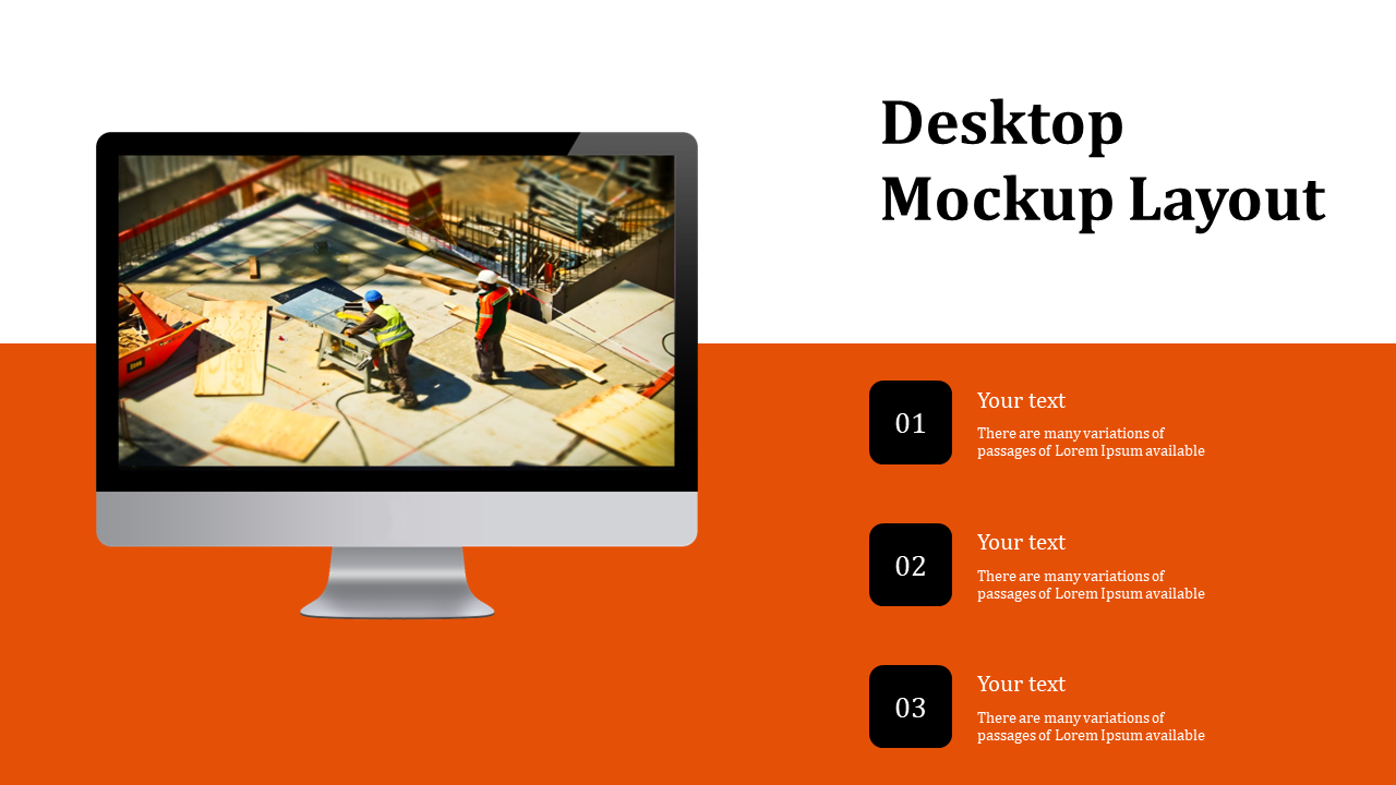 Desktop screen mockup on orange and white background showing a construction site, with three numbered black text boxes.