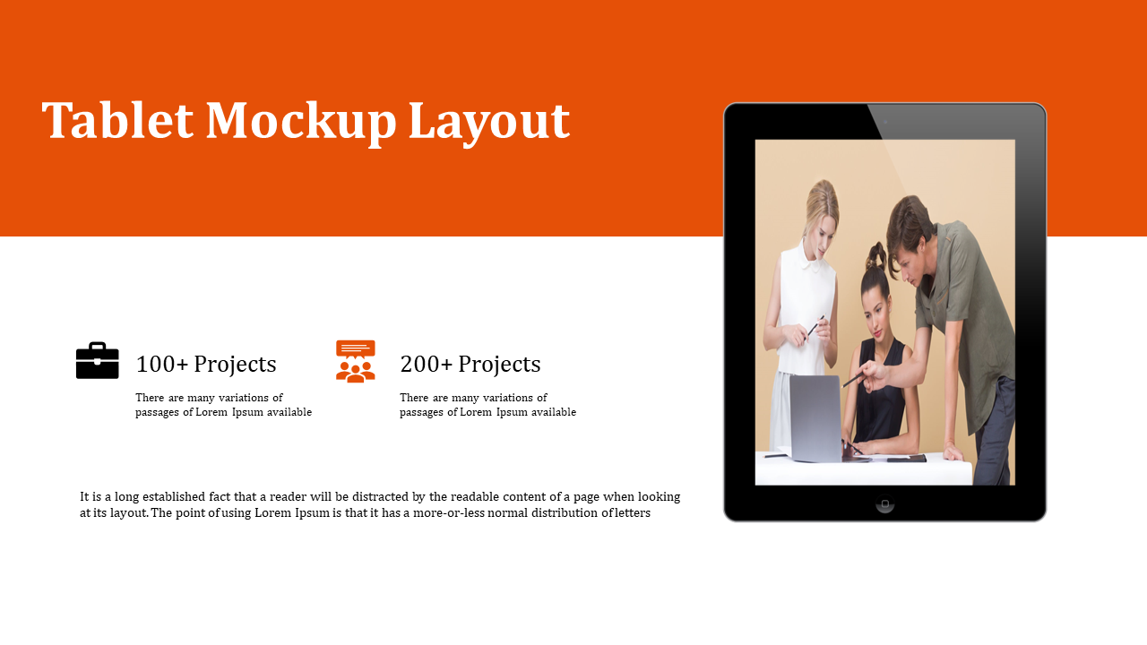Large black tablet mockup with team photo on right, bold orange title bar above, and two project icons with counts below.