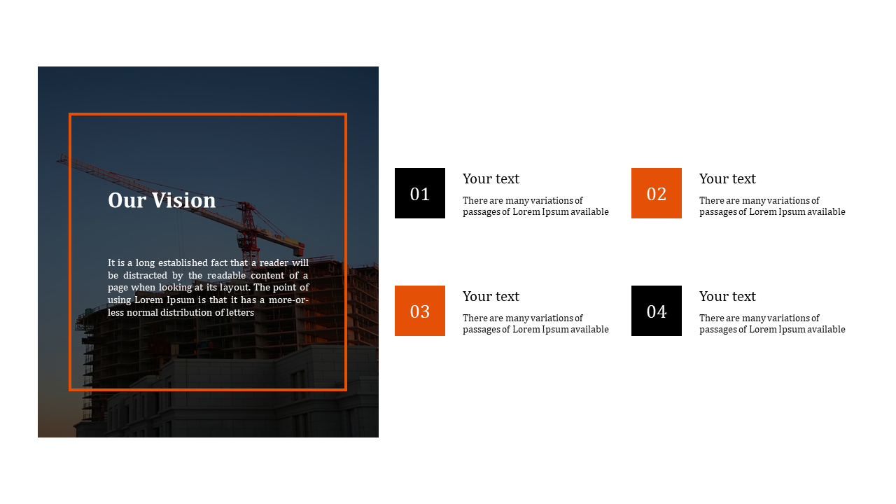 Slide with dark crane photo with an orange frame and white text overlay and right side shows four numbered text blocks.