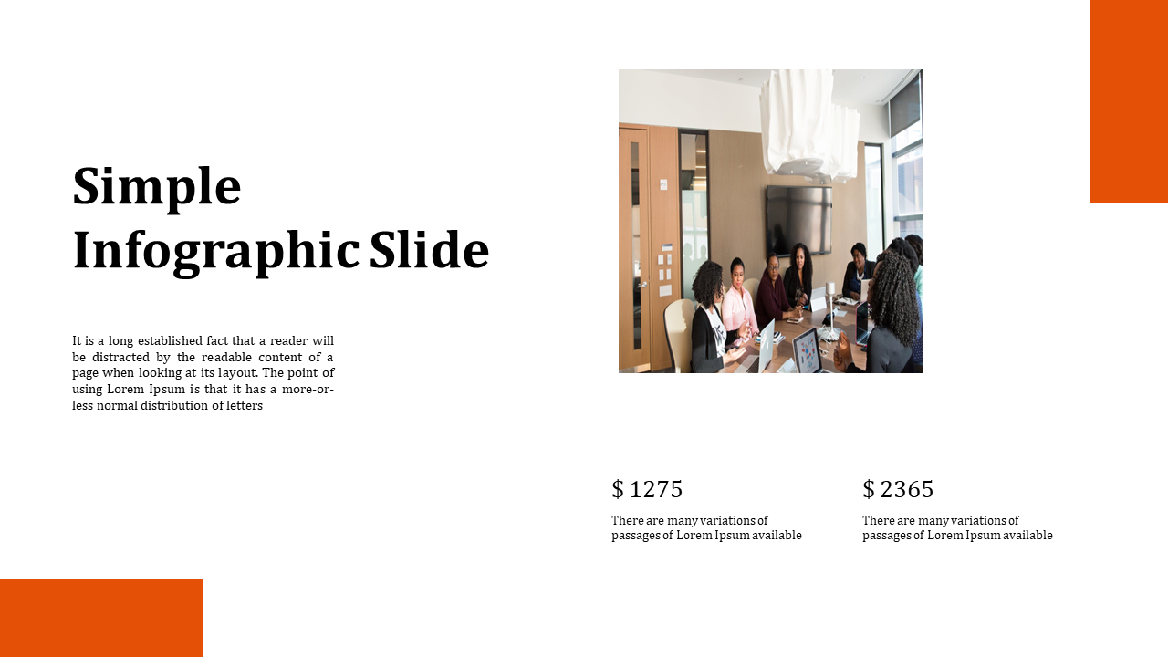 Clean white layout with bold text and office meeting photo on the right, and two price values with captions at the bottom.