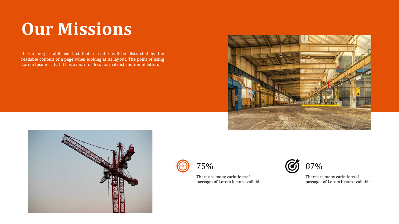 Split layout with orange and white, featuring text and two images of crane and warehouse photos with percentage stats.