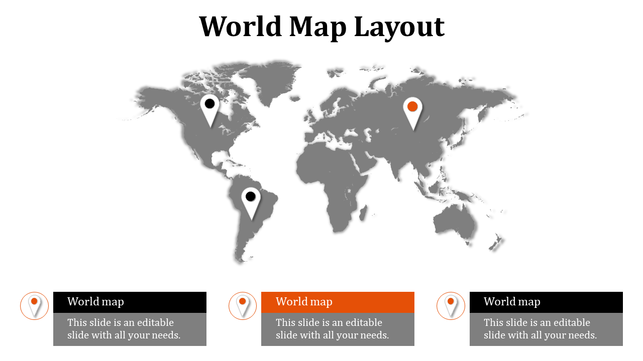 Gray world map with three location pins and gray colored text boxes with headers in black, and orange.