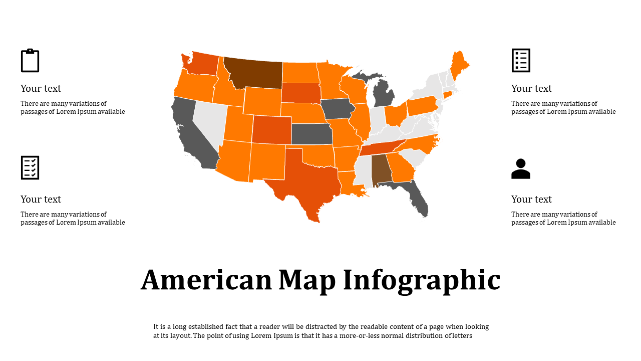 USA map in center with states colored in orange shades and gray, and four icons with text boxes on each side.