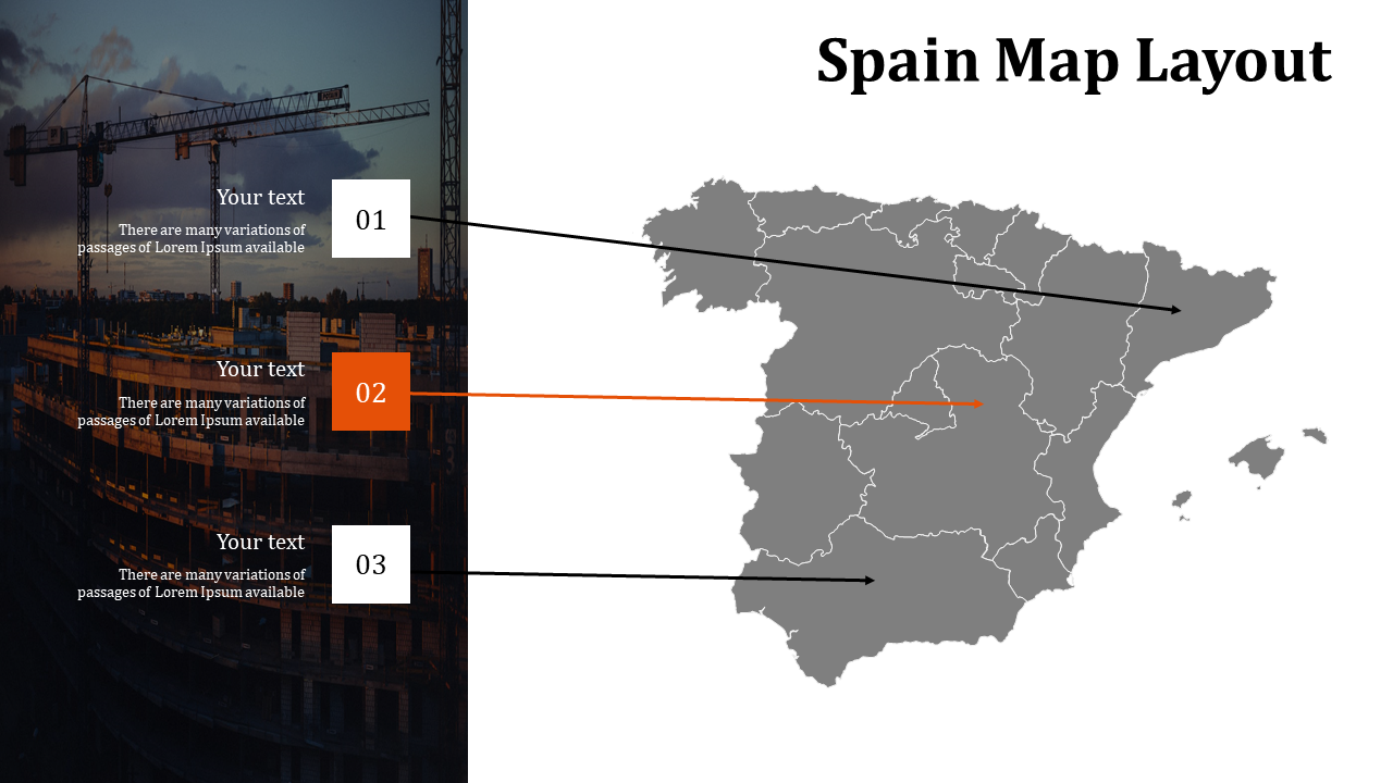 Gray Spain map on white right side, and three numbered boxes in white and orange, over a dark construction photo.