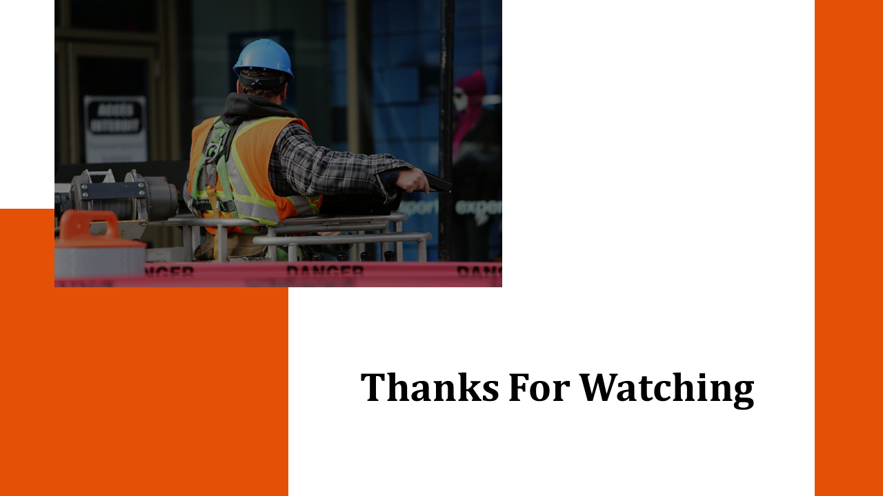 Construction worker image on top, over an orange and white split background with a bold rectangular layout.