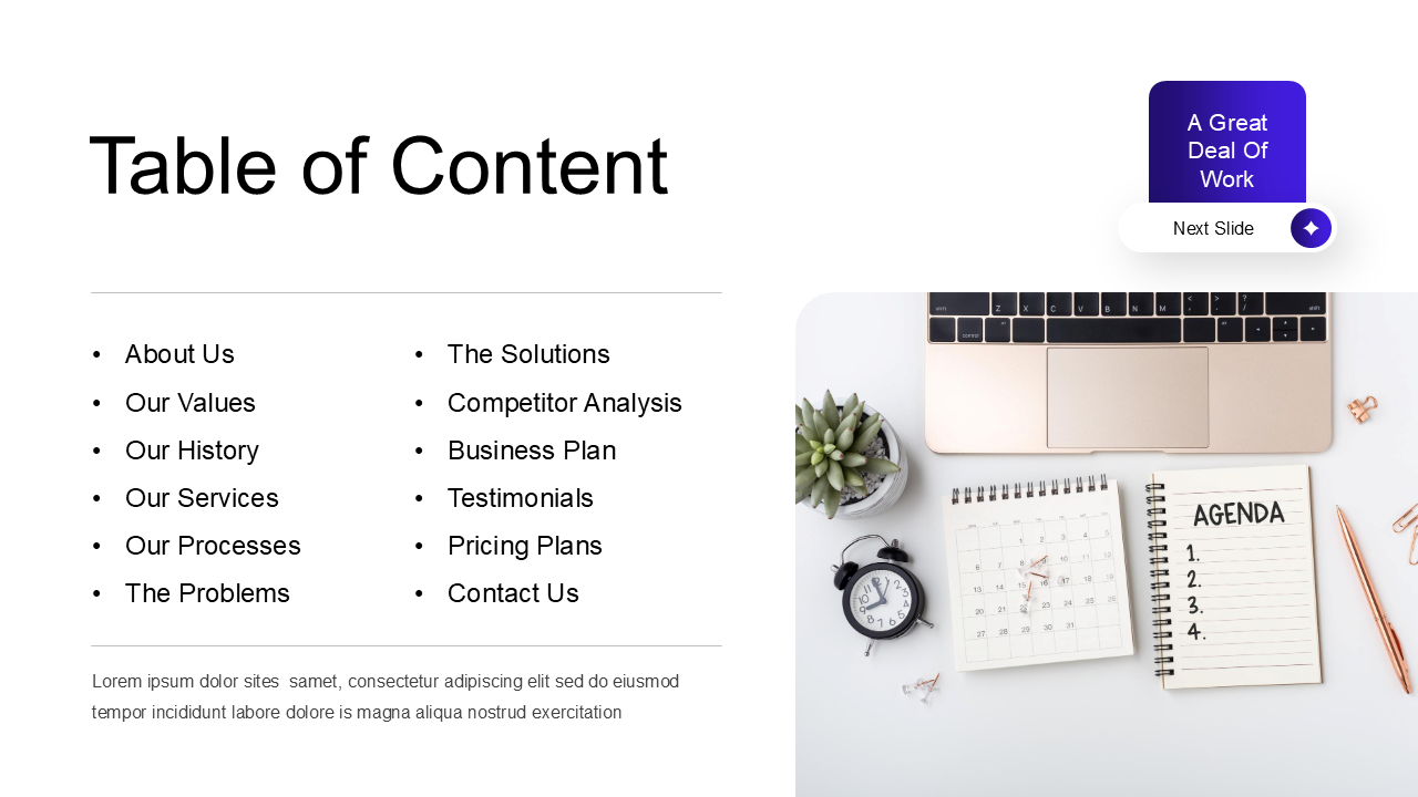 Slide with two column layout of contents text, a workspace scene with a laptop and planner, and a purple button.