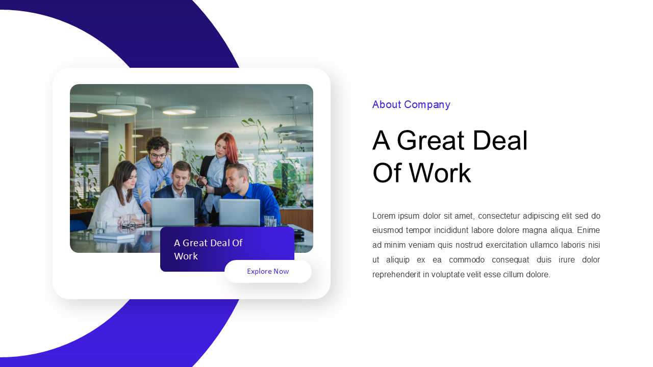 Slide featuring a team of professionals collaborating in a modern office environment with curved purple elements.